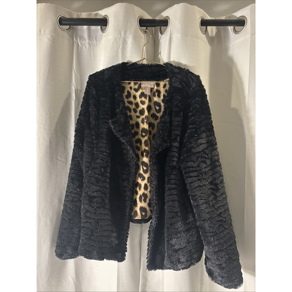 CHICOS Bolero Faux Fur Jacket Size 2 ( 12-14) Large‎ Black with Leopard Inside